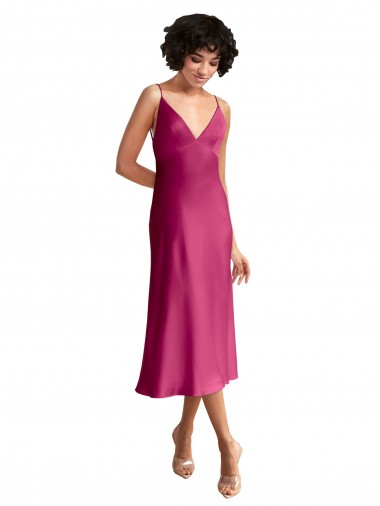 Affordable Stretch Satin Fuchsia A-Line V-Neck Midi Length Evening Dress UK