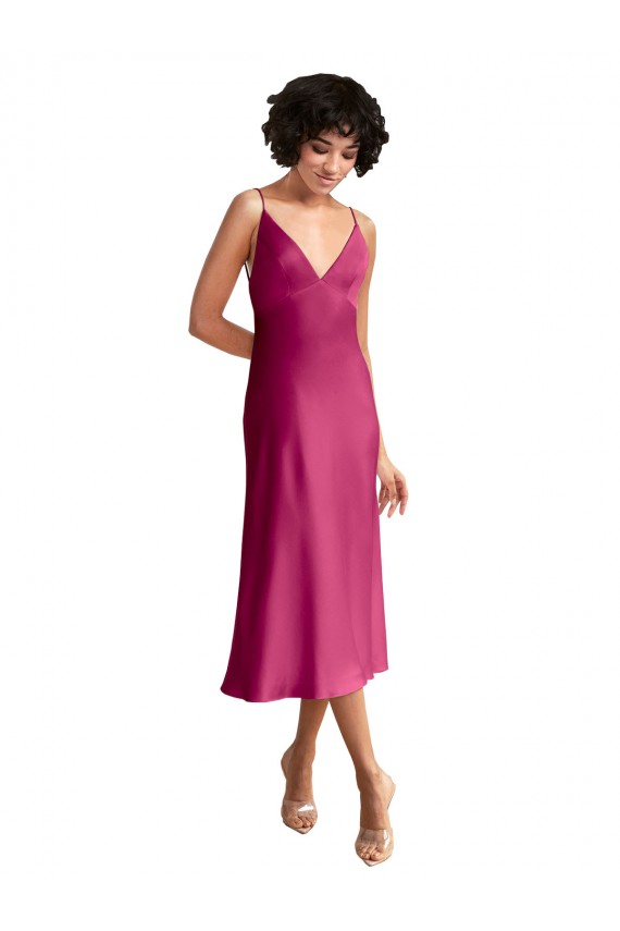 Affordable Stretch Satin Fuchsia A-Line V-Neck Midi Length Evening Dress UK