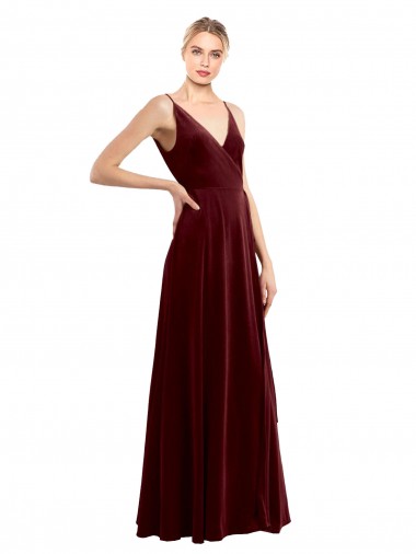 Affordable Stretch Velvet Burgundy A-Line V-Neck Long Wedding Party Dress UK