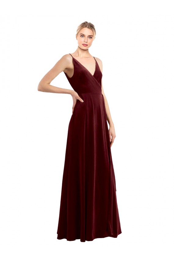 Affordable Stretch Velvet Burgundy A-Line V-Neck Long Wedding Party Dress UK