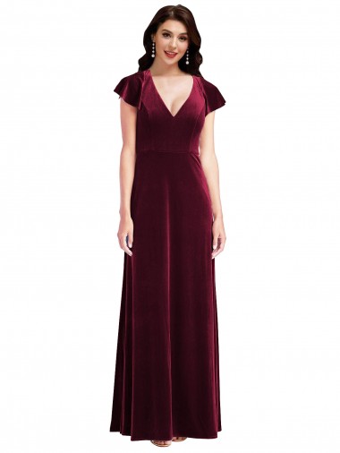 Affordable Stretch Velvet Burgundy A-Line V-Neck Long Maxi Evening Dress UK