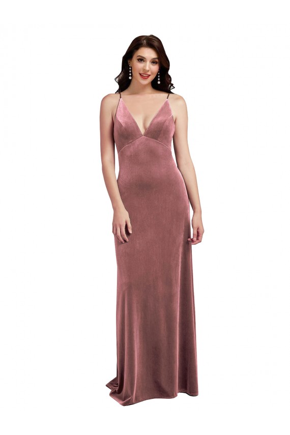 Affordable Stretch Velvet Cinnamon Rose A-Line V-Neck Long Sexy Evening Dress UK