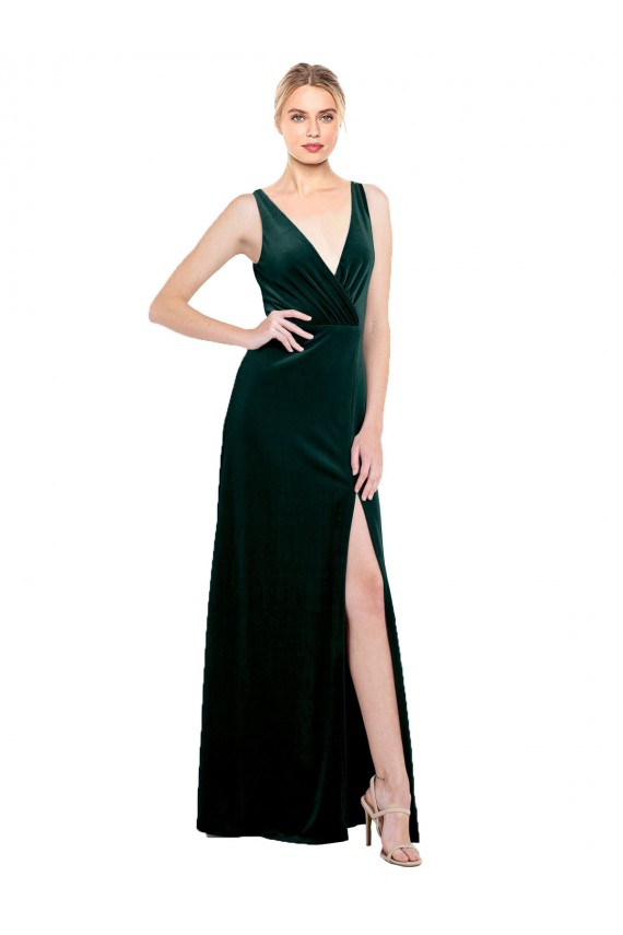 Affordable Stretch Velvet Dark Green A-Line V-Neck Long Sexy Evening Dress UK