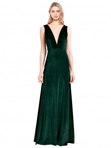 Affordable Stretch Velvet Dark Green A-Line V-Neck Long Wedding Party Dress UK