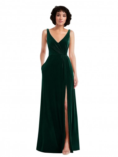 Affordable Stretch Velvet Dark Green A-Line V-Neck Long Maxi Evening Dress UK