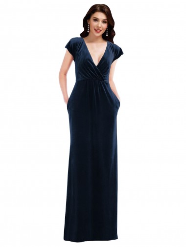 Affordable Stretch Velvet Dark Navy A-Line V-Neck Long Maxi Evening Dress UK