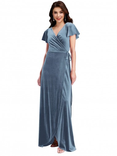 Affordable Stretch Velvet Dusty Blue A-Line V-Neck Long Maxi Evening Dress UK