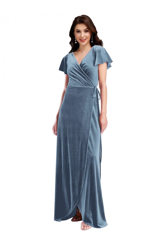 Affordable Stretch Velvet Dusty Blue A-Line V-Neck Long Maxi Evening Dress UK