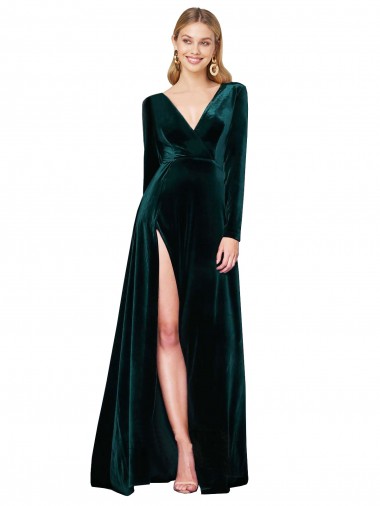 Affordable Stretch Velvet Dark Green A-Line V-Neck Sweep Train Evening Dress UK