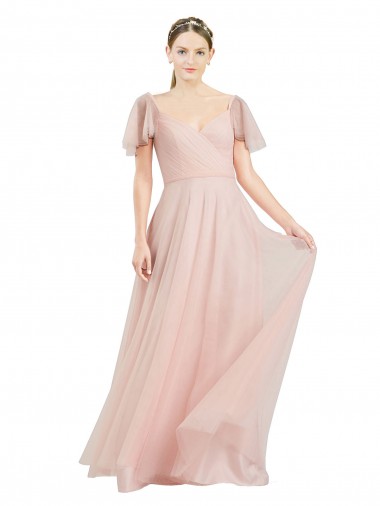 Affordable Tulle Pink A-Line V-Neck Long Semi Formal Evening Dress UK