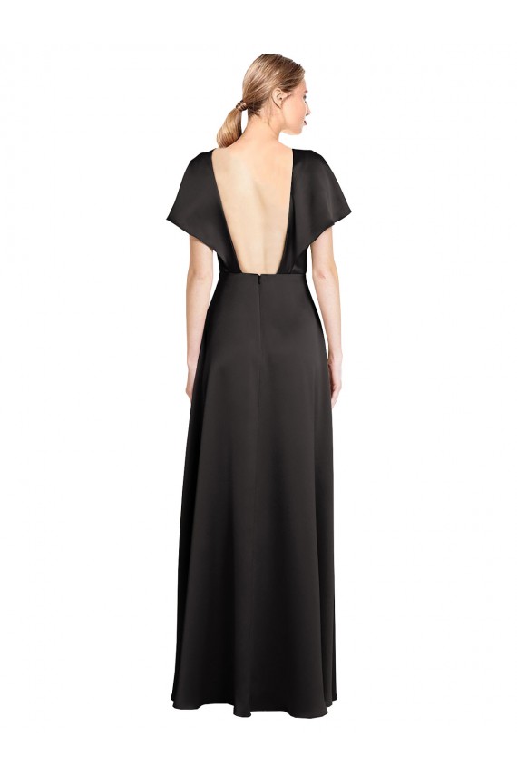 Affordable Stretch Satin Black A-Line V-Neck Long Evening Dress UK