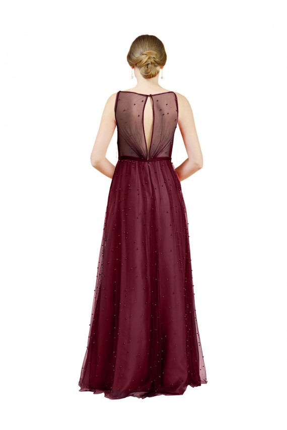 Affordable Tulle Burgundy A-Line Boat Neck Long Semi Formal Evening Dress UK