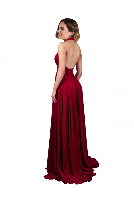 Affordable Spandex Burgundy A-Line Halter Neck Long Sexy Evening Dress UK