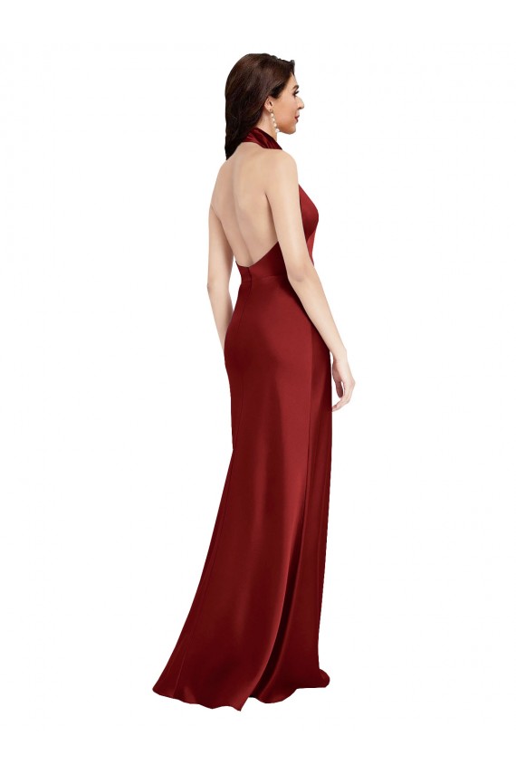 Affordable Stretch Satin Burgundy A-Line Halter Neck Long Evening Dress UK