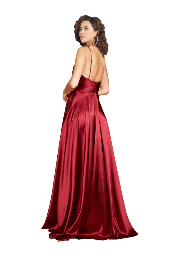 Affordable Silky Satin Burgundy A-Line Spaghetti Straps Long Sexy Evening Dress UK