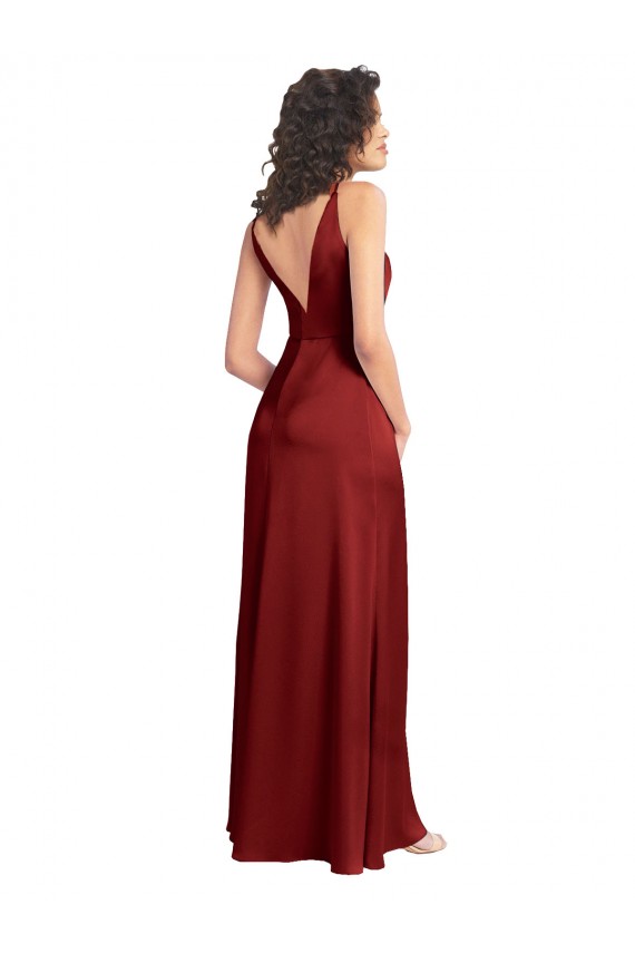 Affordable Stretch Satin Burgundy A-Line V-Neck Long Wedding Party Dress UK