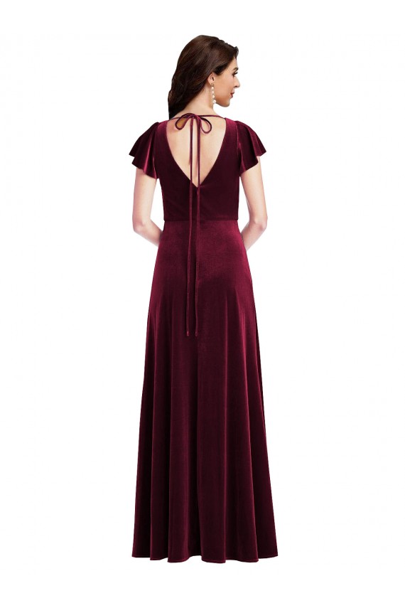 Affordable Stretch Velvet Burgundy A-Line V-Neck Long Maxi Evening Dress UK