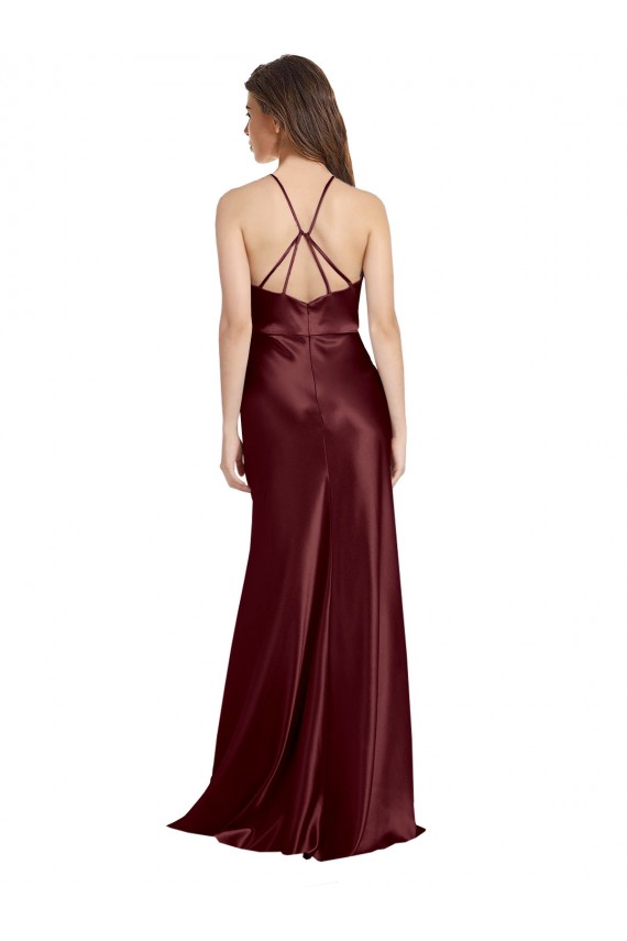 Affordable Stretch Satin Burgundy Gold A-Line Spaghetti Straps Long Evening Dress UK