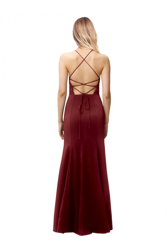 Affordable Stretch Crepe Burgundy Gold Mermaid Halter Neck Long Wedding Party Dress UK