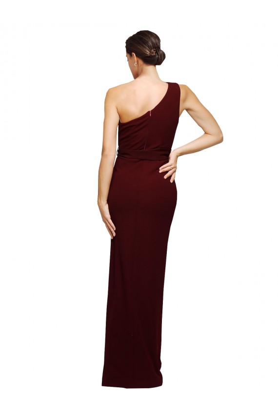 Affordable Stretch Crepe Burgundy Gold Sheath One Shoulder Long Sleeveless Evening Dress UK