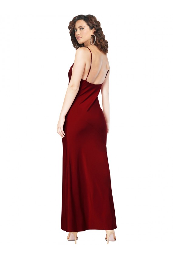 Affordable Silky Satin Burgundy Sheath Cowl Neck Long Sleeveless Evening Dress UK