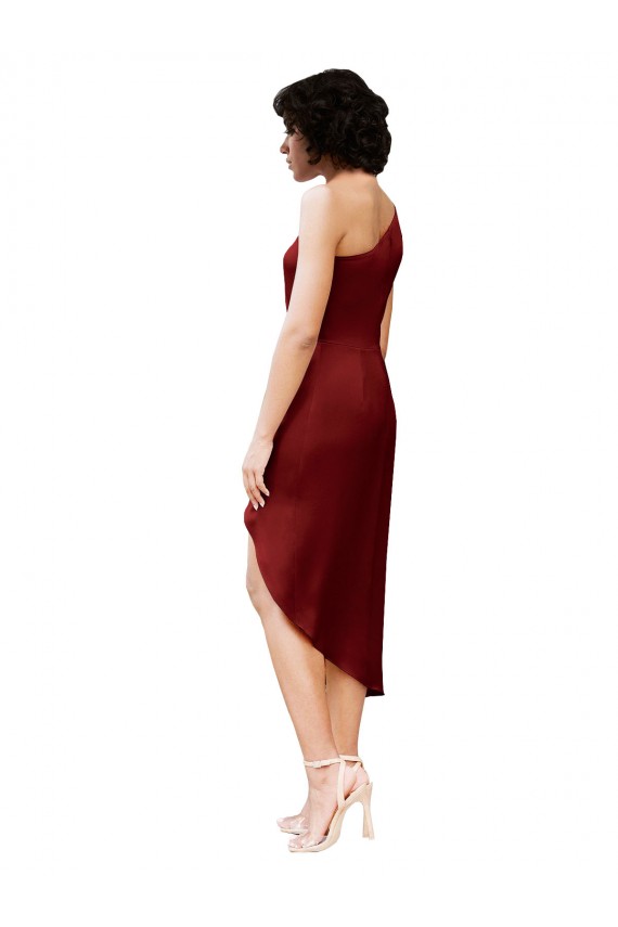 Affordable Stretch Satin Burgundy Sheath One Shoulder Midi Length Evening Dress UK