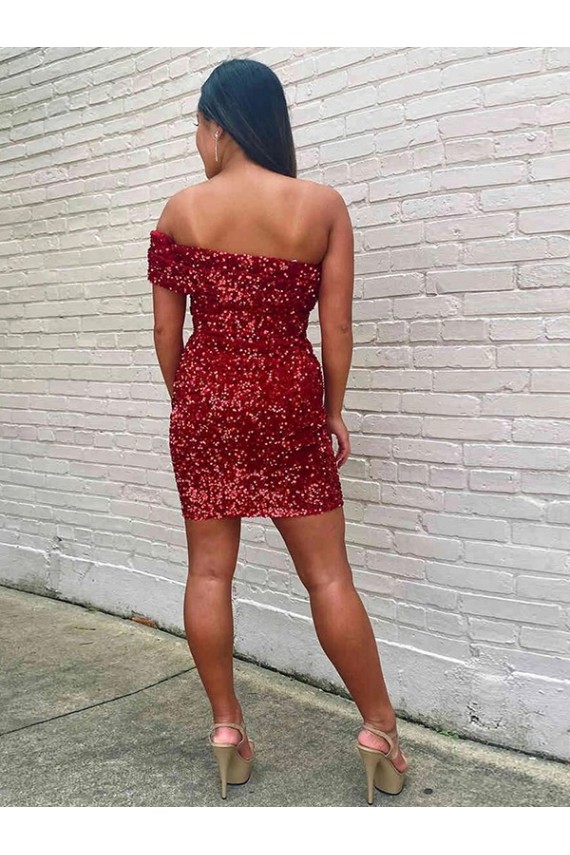 Affordable Velvet Sequin Burgundy Sheath One Shoulder Short Homecoming Dress UK