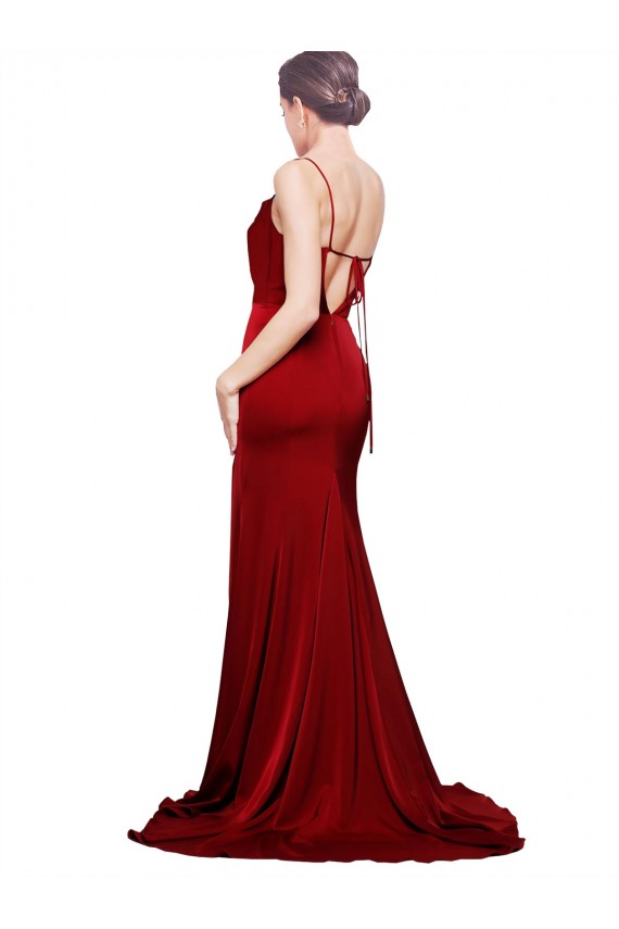 Affordable Stretch Satin Burgundy Sheath Spaghetti Straps Sweep Train Evening Dress UK