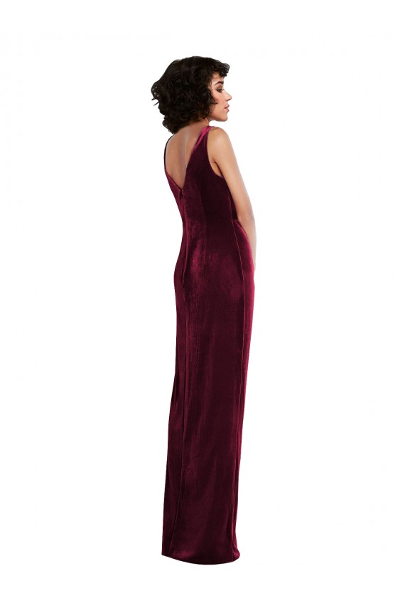 Affordable Stretch Velvet Burgundy Sheath V-Neck Long Maxi Evening Dress UK