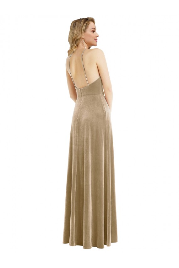 Affordable Stretch Velvet Champagne A-Line Halter Neck Long Maxi Evening Dress UK