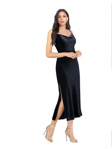 Affordable Stretch Velvet Dark Navy Column Cowl Neck Midi Length Evening Dress UK