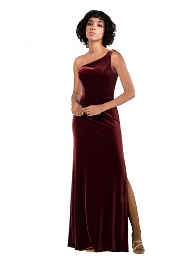 Affordable Stretch Velvet Burgundy Column One Shoulder Long Sexy Evening Dress UK