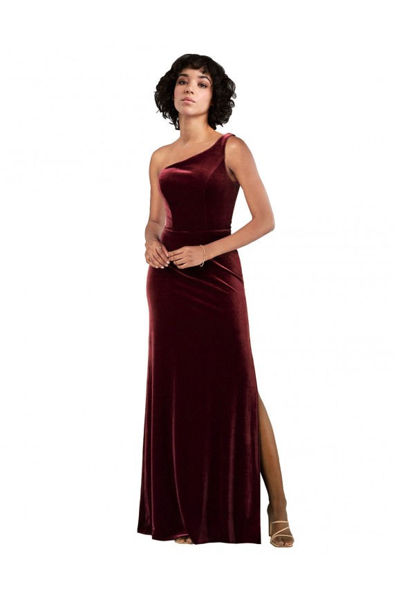 Affordable Stretch Velvet Burgundy Column One Shoulder Long Sexy Evening Dress UK