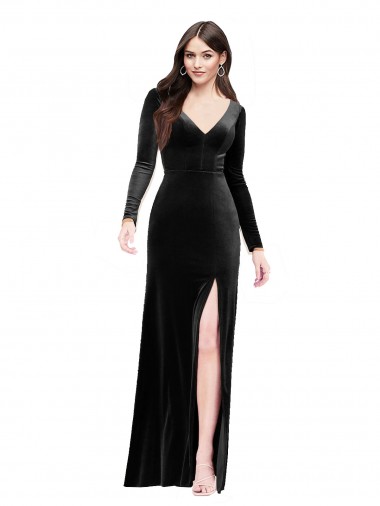 Affordable Stretch Velvet Black Column V-Neck Long Evening Dress UK