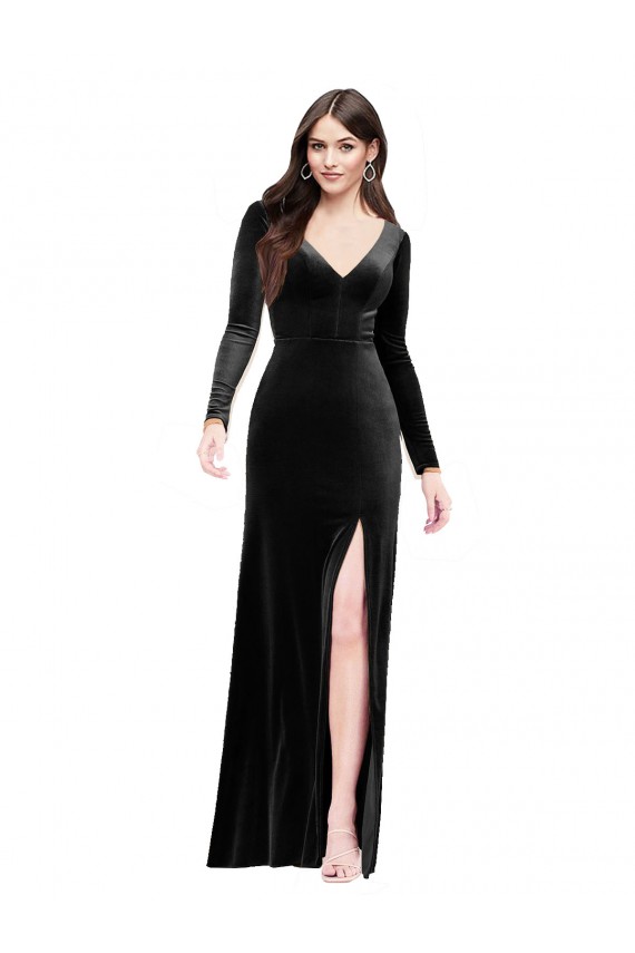 Affordable Stretch Velvet Black Column V-Neck Long Evening Dress UK