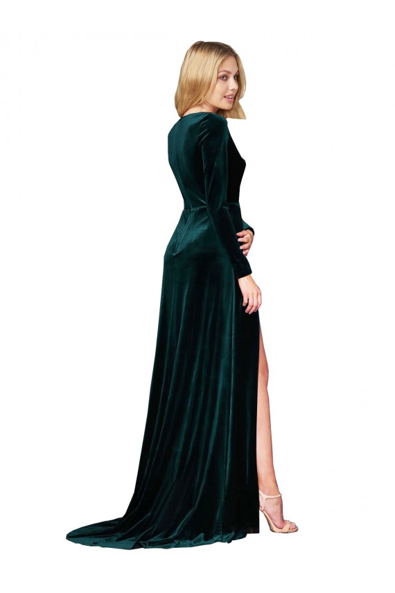 Affordable Stretch Velvet Dark Green A-Line V-Neck Sweep Train Evening Dress UK