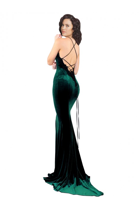 Affordable Stretch Velvet Dark Green Mermaid High Neck Sweep Train Evening Dress UK