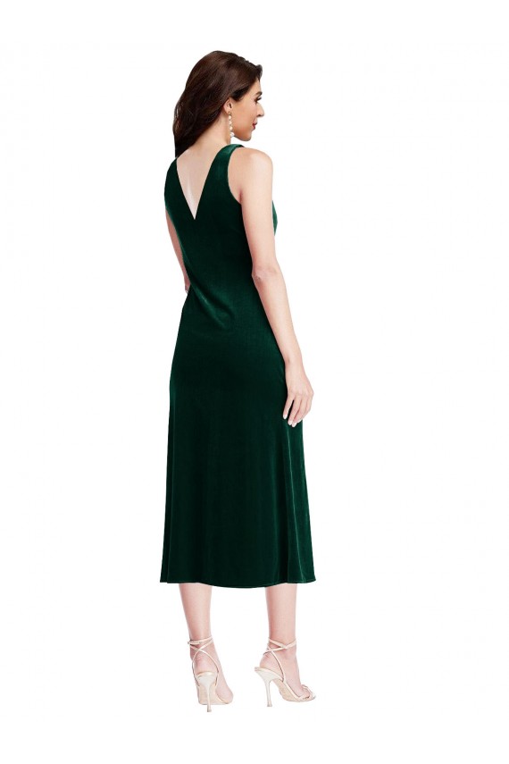 Affordable Stretch Velvet Dark Green Sheath Cowl Neck Midi Length Sleeveless Maxi Evening Dress UK