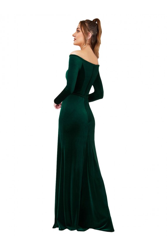 Affordable Stretch Velvet Dark Green Sheath Off the Shoulder Long Long Sleeves Evening Dress UK