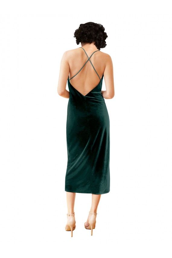 Affordable Stretch Velvet Dark Green Sheath Spaghetti Straps Midi Length Evening Dress UK