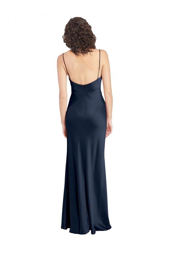 Affordable Stretch Satin Dark Navy A-Line Cowl Neck Long Wedding Party Dress UK