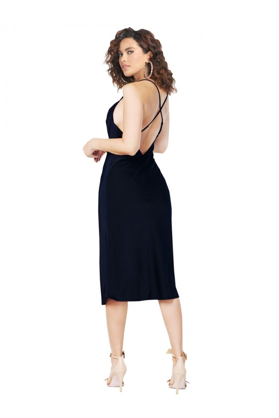 Affordable Silky Satin Dark Navy A-Line Spaghetti Straps Midi Length Evening Dress UK