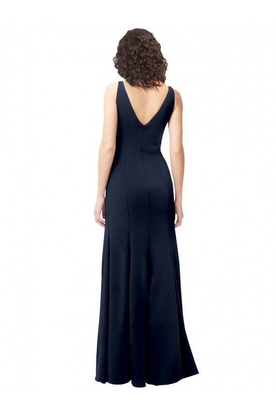 Affordable Stretch Crepe Dark Navy A-Line V-Neck Long Evening Dress UK