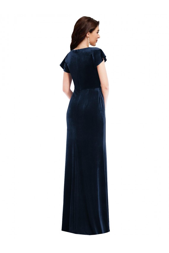 Affordable Stretch Velvet Dark Navy A-Line V-Neck Long Maxi Evening Dress UK