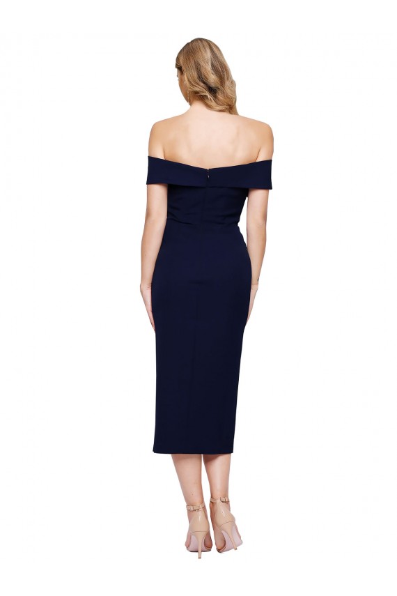 Affordable Stretch Crepe Dark Navy Mermaid Off the Shoulder Midi Length Wedding Guest Dress UK