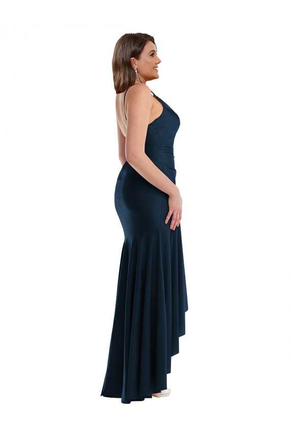 Affordable Silky Satin Dark Navy Mermaid Spaghetti Straps Long Plus Size Wedding Party Dress UK