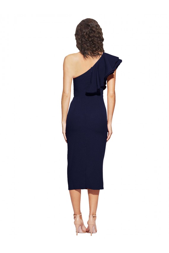 Affordable Stretch Crepe Dark Navy Sheath One Shoulder Midi Length Wedding Party Dress UK