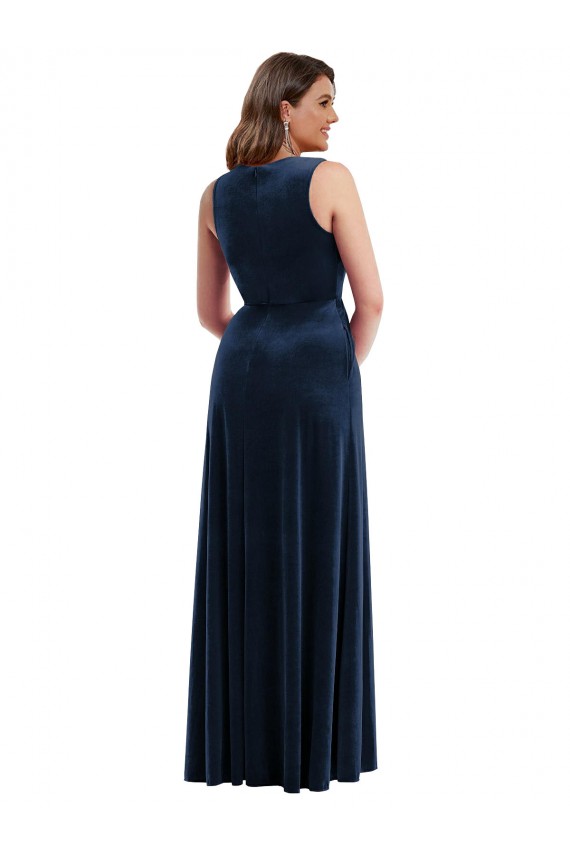 Affordable Stretch Velvet Dark Navy Sheath V-Neck Long Maxi Evening Dress UK