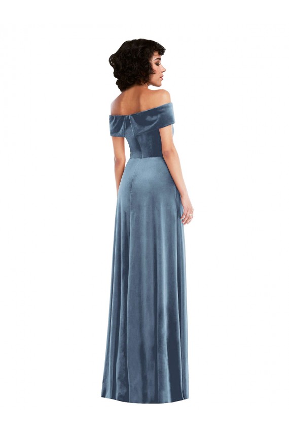 Affordable Stretch Velvet Dusty Blue A-Line Off the Shoulder Long Maxi Evening Dress UK