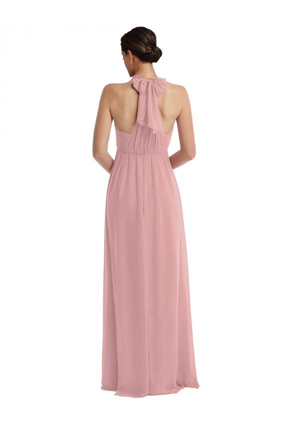 Affordable Soft Chiffon Dusty Pink A-Line Halter Neck Long Maxi Evening Dress UK